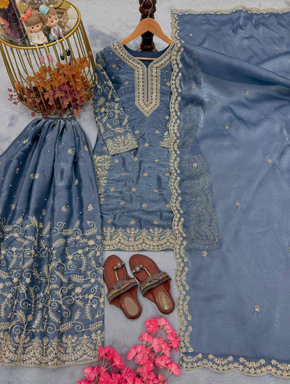 Premium Pure GMY Silk Top, Plazzo & Dupatta – Heavy Sequins, Coding Dori & Moti Hand Work