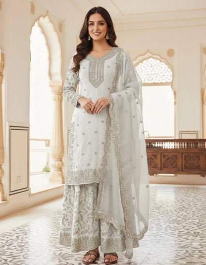 Premium Pure GMY Silk Top, Plazzo & Dupatta – Heavy Sequins, Coding Dori & Moti Hand Work