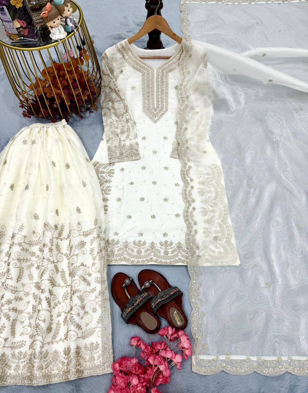 Premium Pure GMY Silk Top, Plazzo & Dupatta – Heavy Sequins, Coding Dori & Moti Hand Work