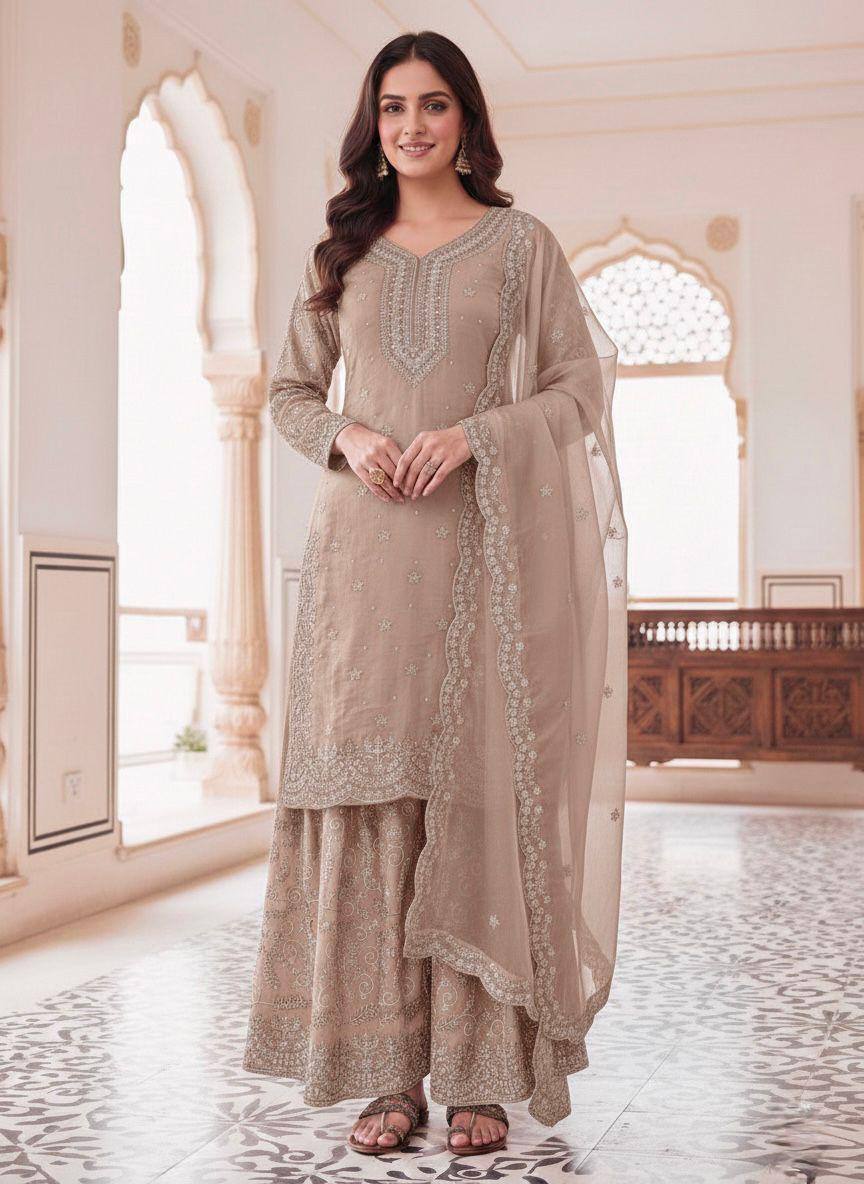 Premium Pure GMY Silk Top, Plazzo & Dupatta – Heavy Sequins, Coding Dori & Moti Hand Work
