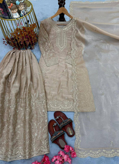 Premium Pure GMY Silk Top, Plazzo & Dupatta – Heavy Sequins, Coding Dori & Moti Hand Work
