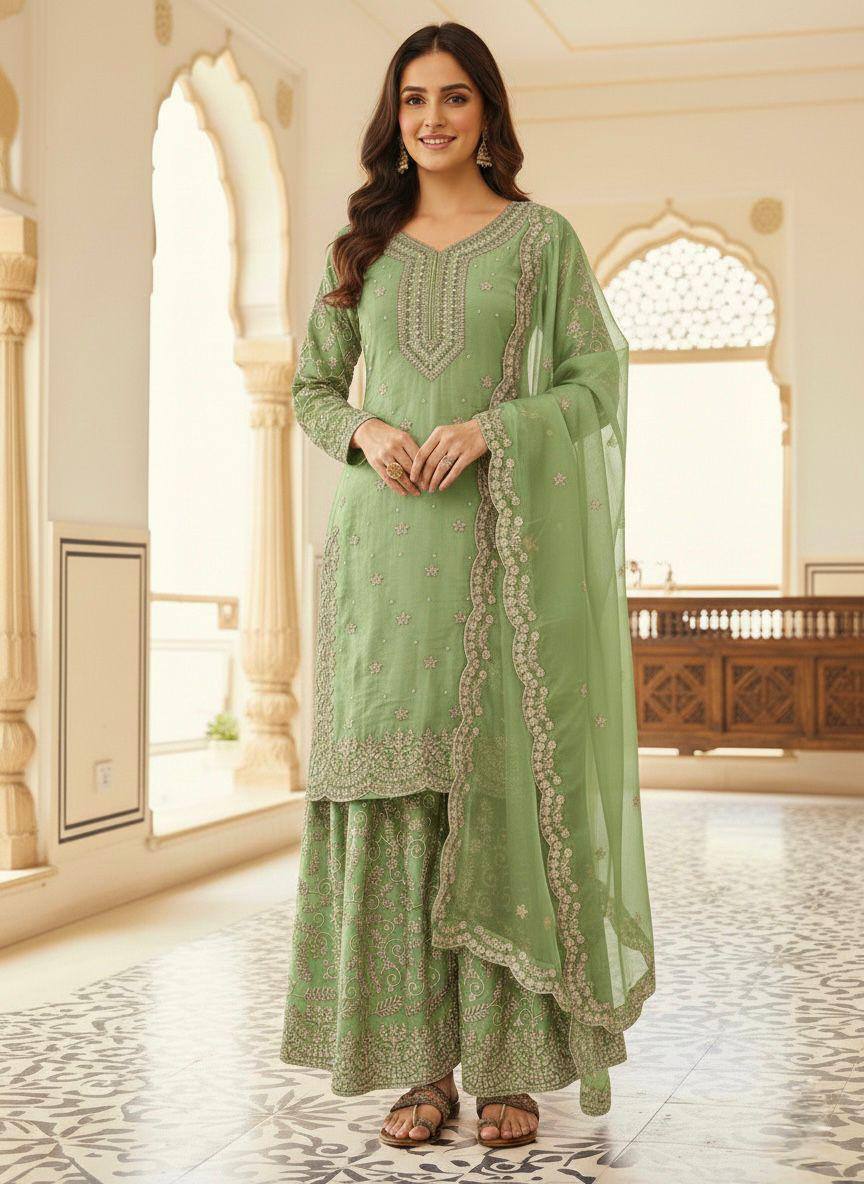 Premium Pure GMY Silk Top, Plazzo & Dupatta – Heavy Sequins, Coding Dori & Moti Hand Work