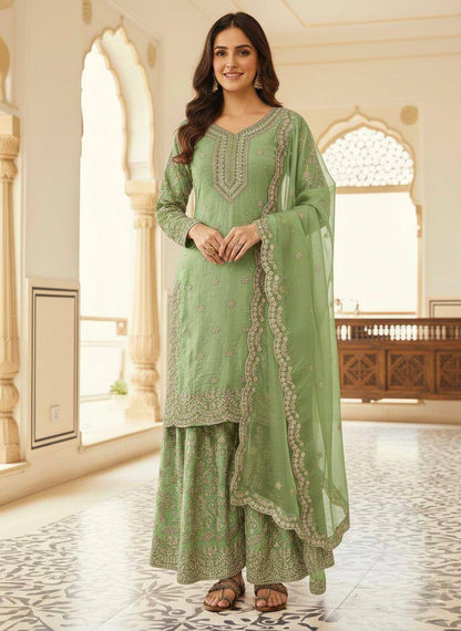 Premium Pure GMY Silk Top, Plazzo & Dupatta – Heavy Sequins, Coding Dori & Moti Hand Work