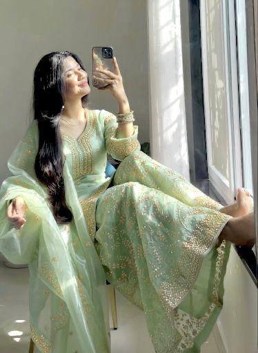 Premium Pure GMY Silk Top, Plazzo & Dupatta – Heavy Sequins, Coding Dori & Moti Hand Work