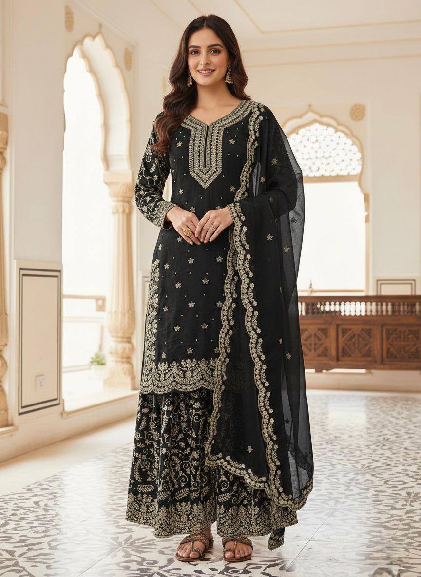 Premium Pure GMY Silk Top, Plazzo & Dupatta – Heavy Sequins, Coding Dori & Moti Hand Work