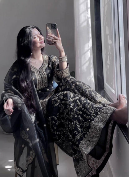 Premium Pure GMY Silk Top, Plazzo & Dupatta – Heavy Sequins, Coding Dori & Moti Hand Work