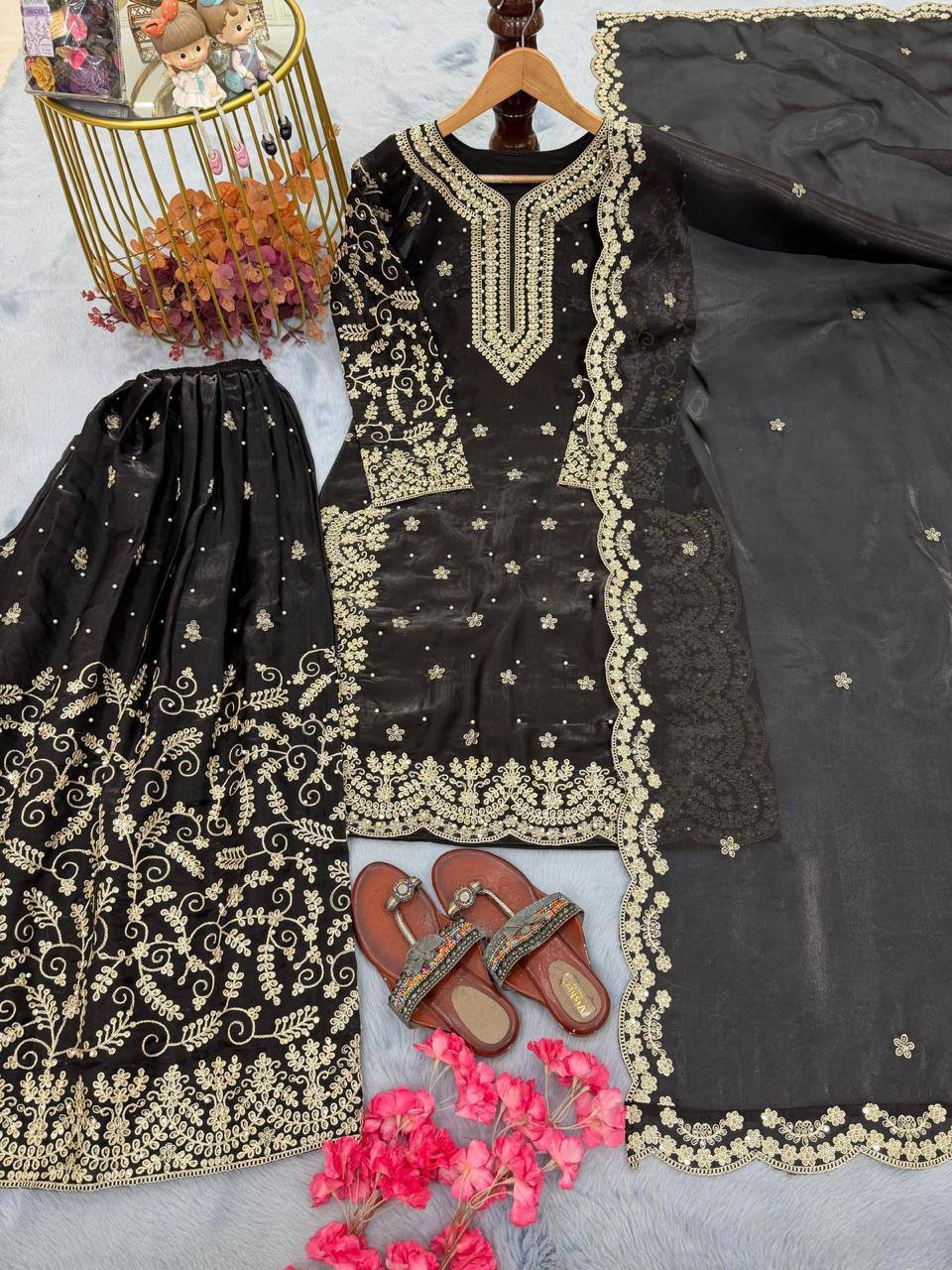 Premium Pure GMY Silk Top, Plazzo & Dupatta – Heavy Sequins, Coding Dori & Moti Hand Work