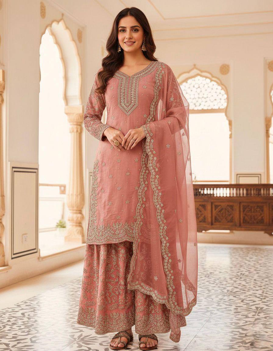 Premium Pure GMY Silk Top, Plazzo & Dupatta – Heavy Sequins, Coding Dori & Moti Hand Work