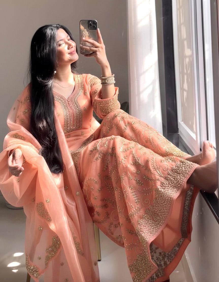 Premium Pure GMY Silk Top, Plazzo & Dupatta – Heavy Sequins, Coding Dori & Moti Hand Work