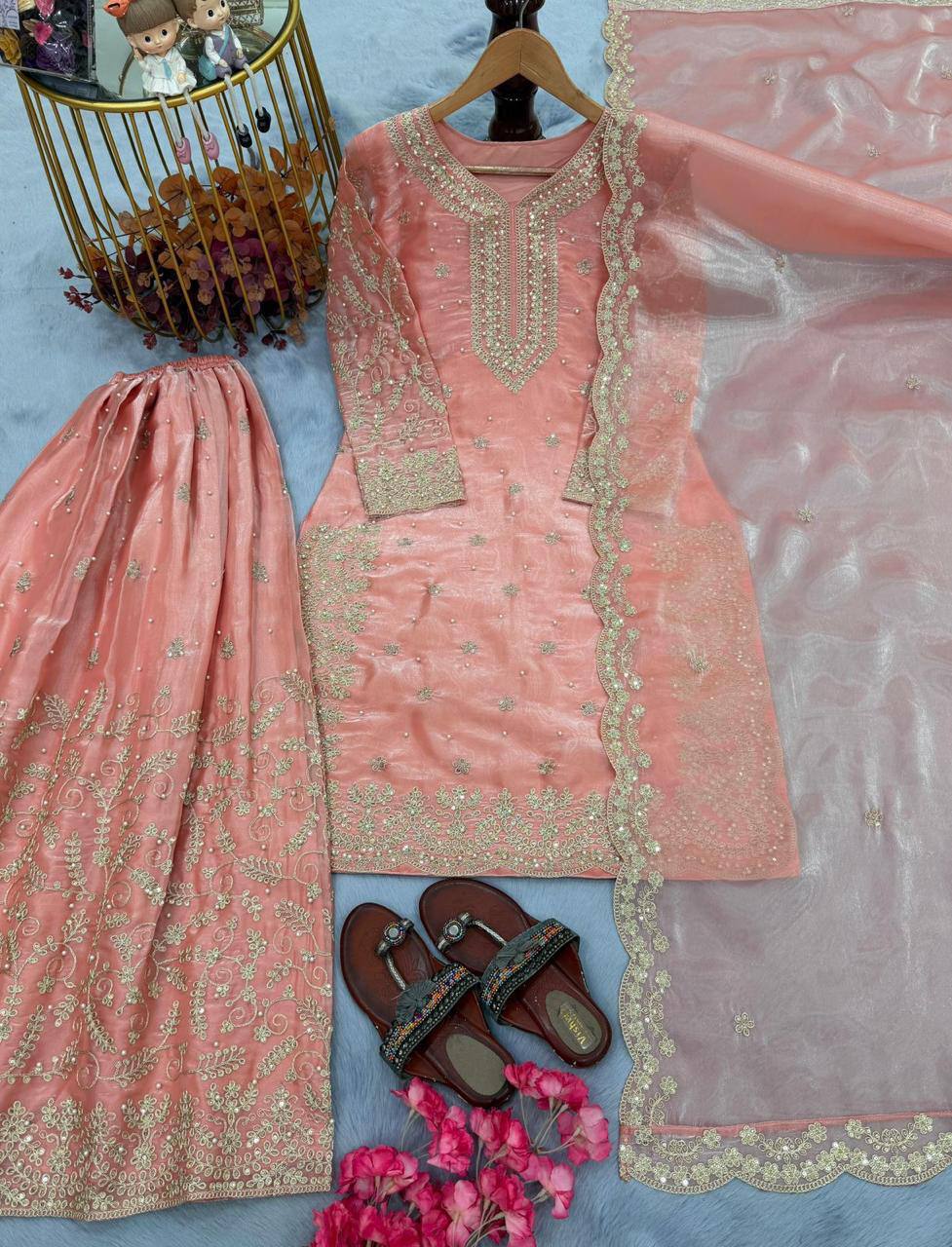 Premium Pure GMY Silk Top, Plazzo & Dupatta – Heavy Sequins, Coding Dori & Moti Hand Work