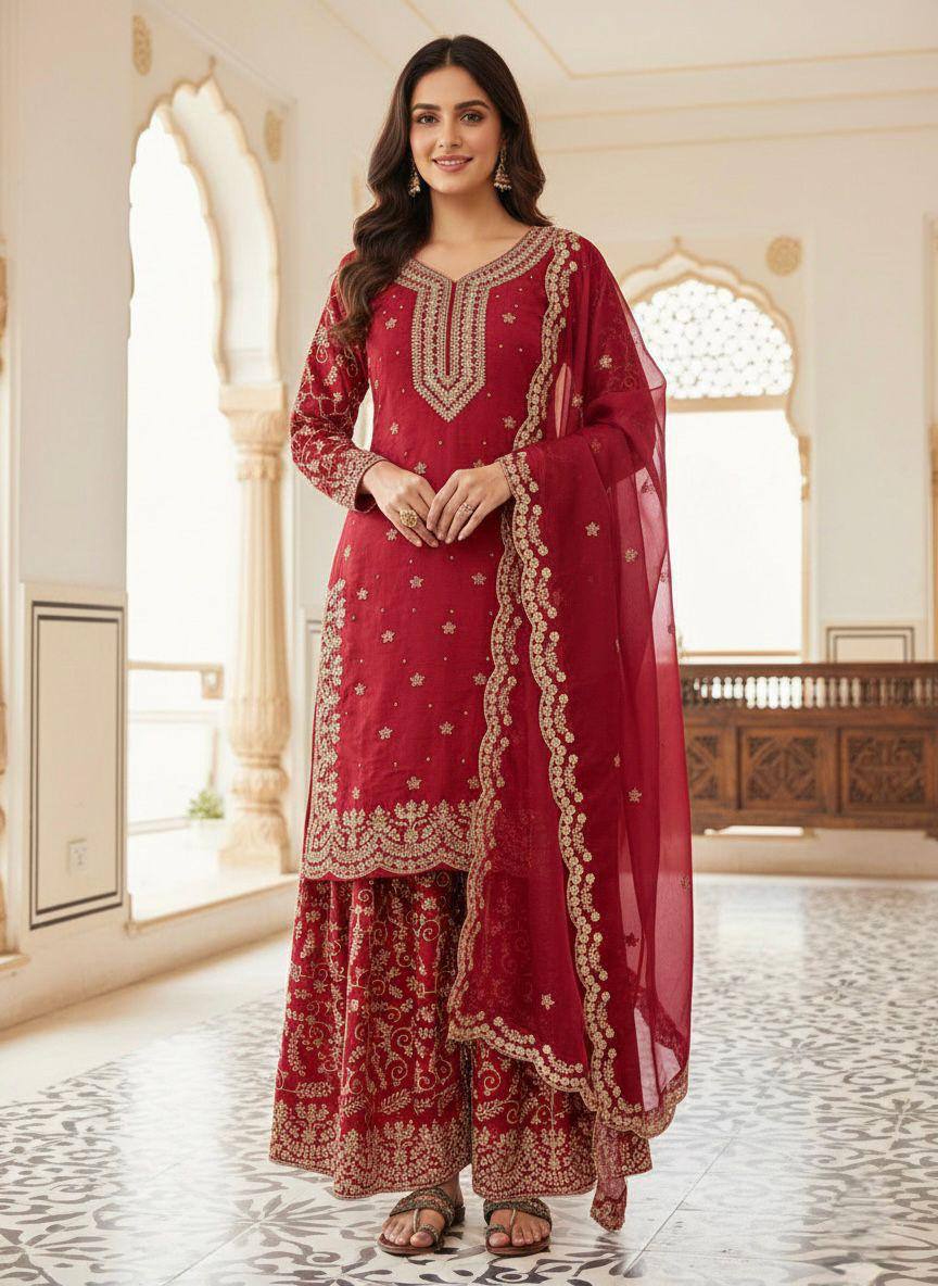 Premium Pure GMY Silk Top, Plazzo & Dupatta – Heavy Sequins, Coding Dori & Moti Hand Work