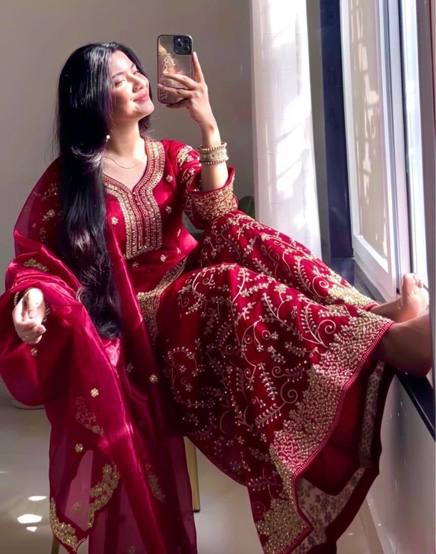 Premium Pure GMY Silk Top, Plazzo & Dupatta – Heavy Sequins, Coding Dori & Moti Hand Work