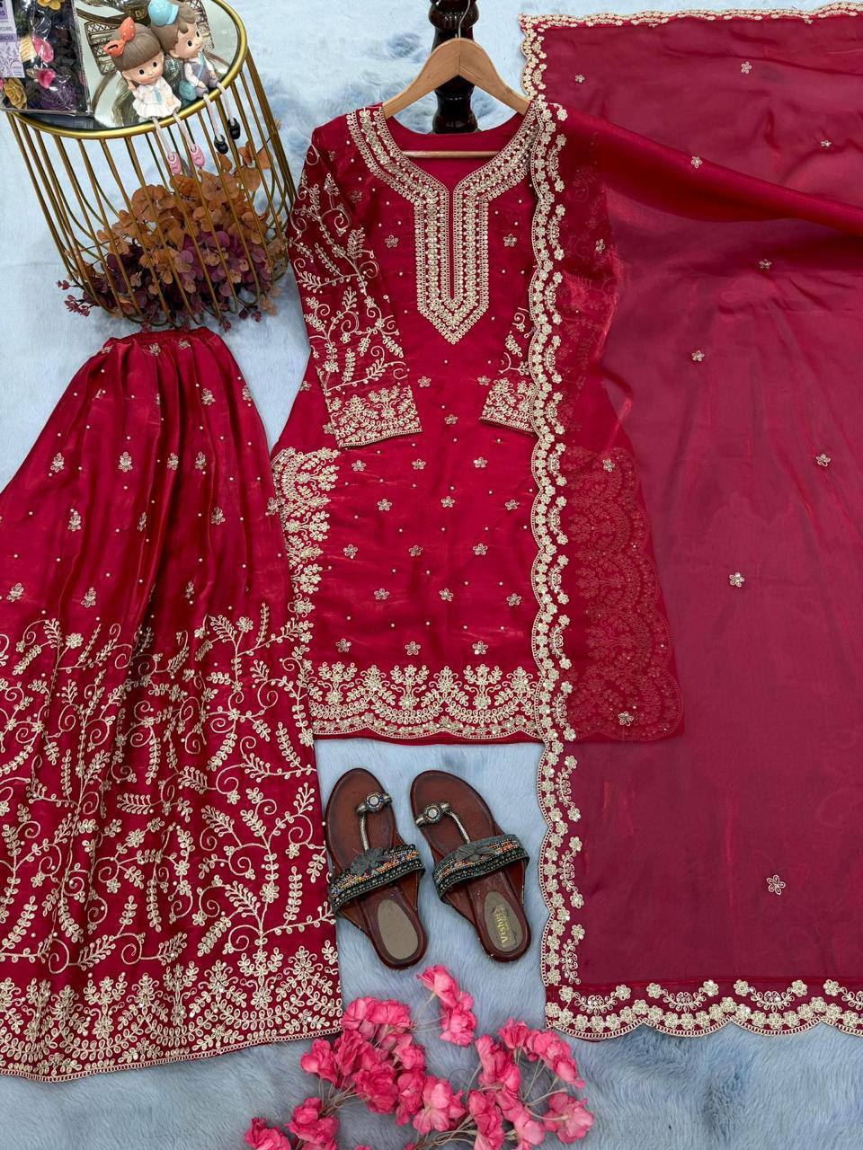 Premium Pure GMY Silk Top, Plazzo & Dupatta – Heavy Sequins, Coding Dori & Moti Hand Work