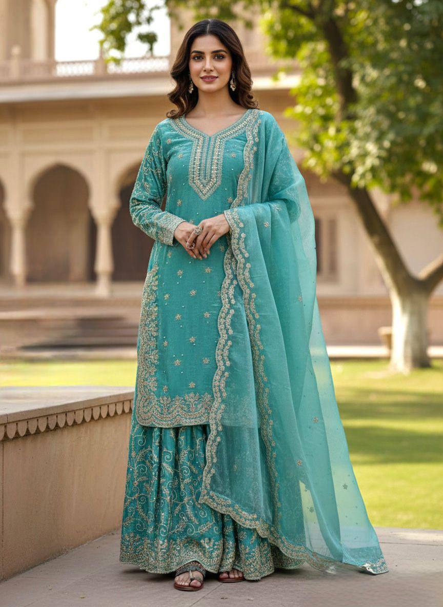 Premium Pure GMY Silk Top, Plazzo & Dupatta – Heavy Sequins, Coding Dori & Moti Hand Work