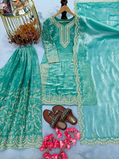 Premium Pure GMY Silk Top, Plazzo & Dupatta – Heavy Sequins, Coding Dori & Moti Hand Work