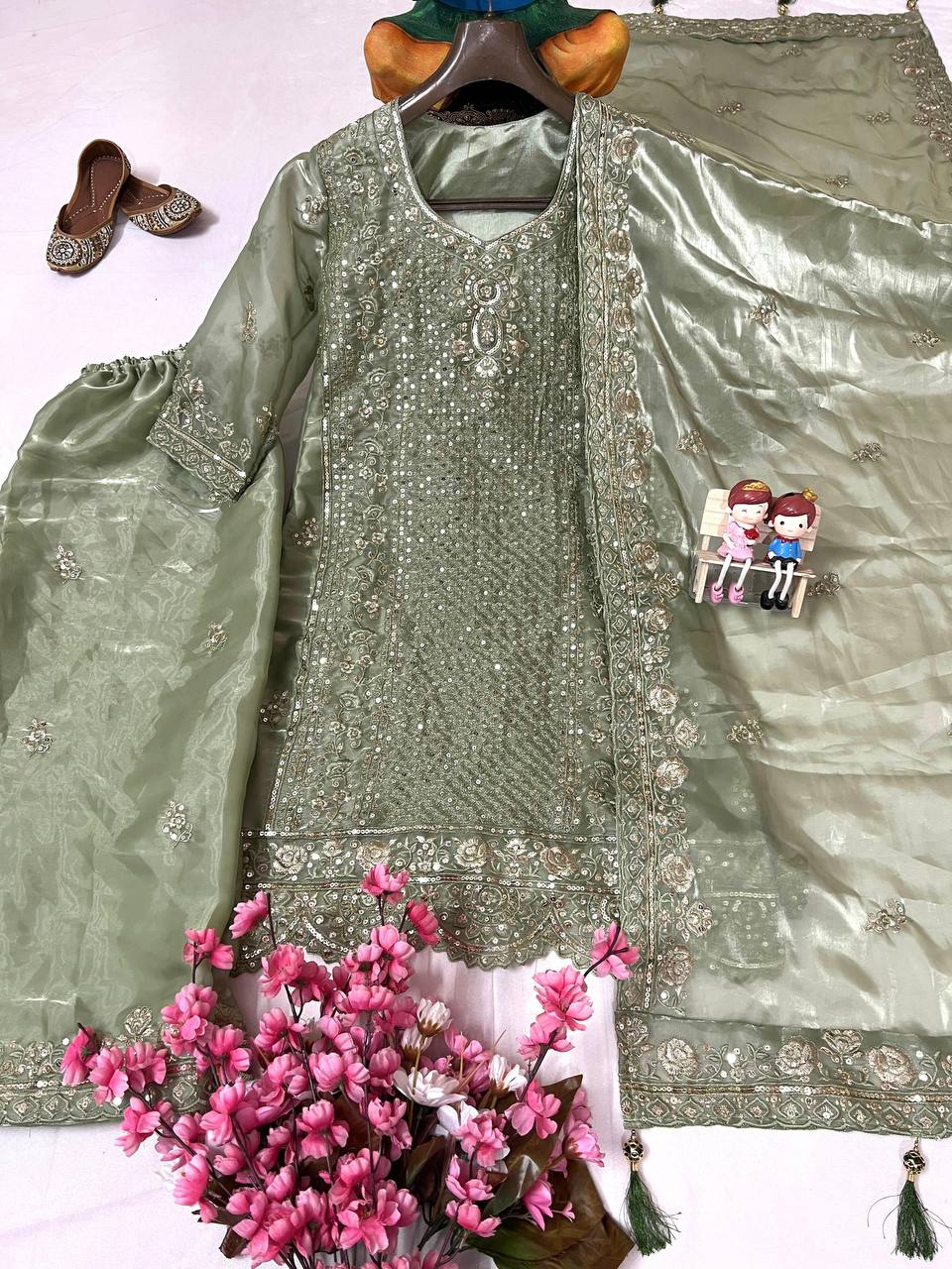 Premium Jimmi Chhoo Kurti, Plazzo & Dupatta – Zari, Thread & 5mm Sequins Embroidery
