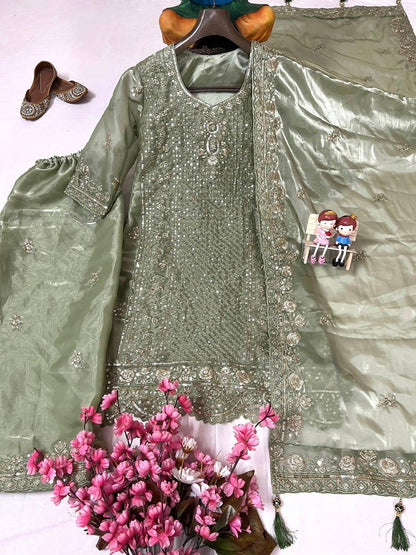 Premium Jimmi Chhoo Kurti, Plazzo & Dupatta – Zari, Thread & 5mm Sequins Embroidery