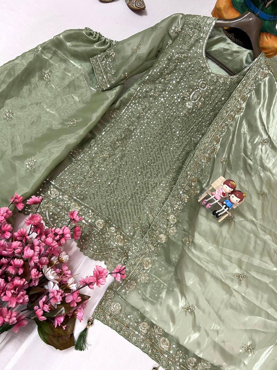 Premium Jimmi Chhoo Kurti, Plazzo & Dupatta – Zari, Thread & 5mm Sequins Embroidery