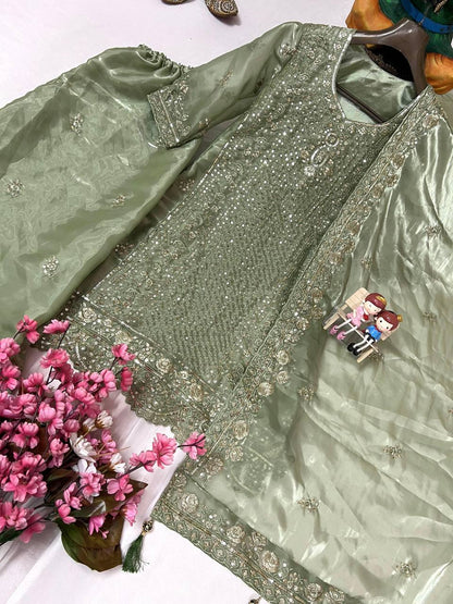 Premium Jimmi Chhoo Kurti, Plazzo & Dupatta – Zari, Thread & 5mm Sequins Embroidery