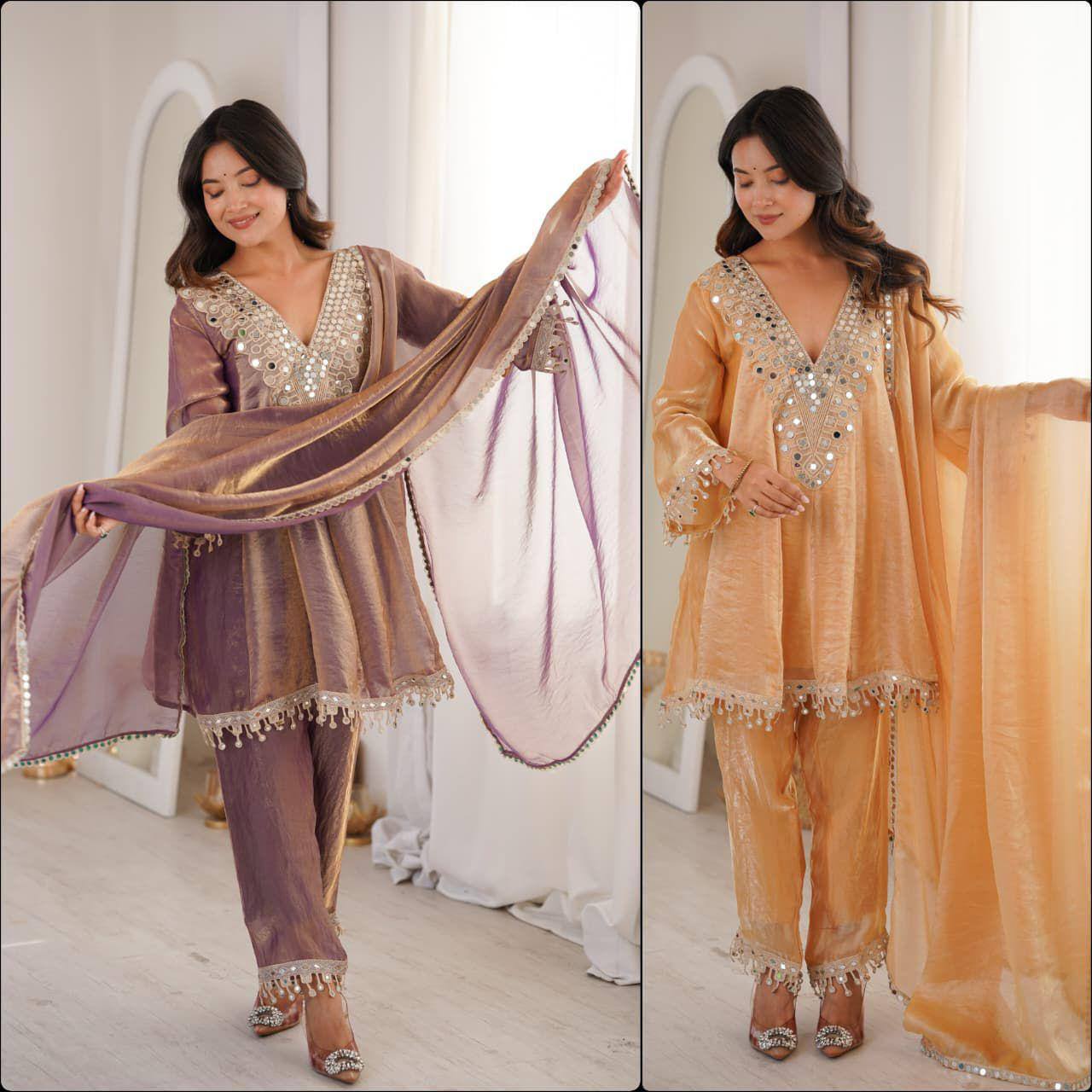 Premium Fendy Fabric Kurti, Pant & Dupatta – Real Mirror & Coding Embroidery Work