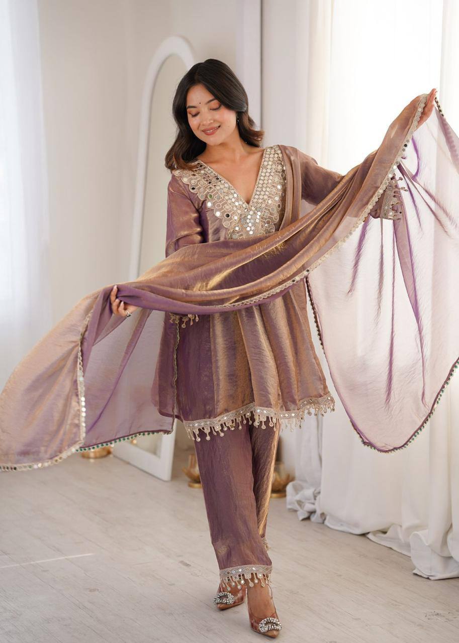 Premium Fendy Fabric Kurti, Pant & Dupatta – Real Mirror & Coding Embroidery Work