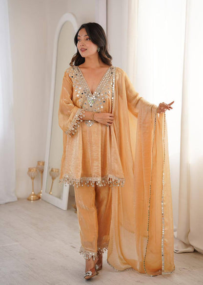 Premium Fendy Fabric Kurti, Pant & Dupatta – Real Mirror & Coding Embroidery Work