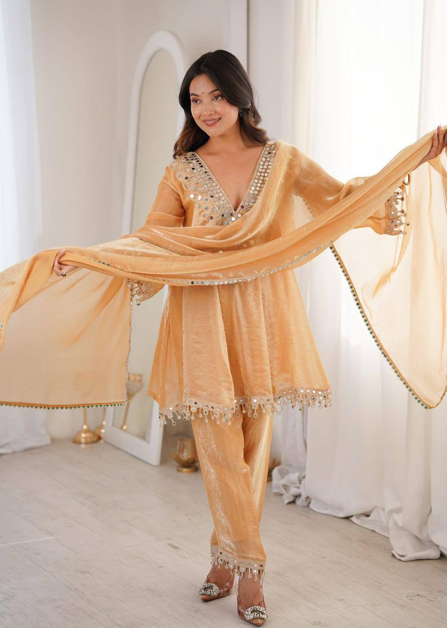 Premium Fendy Fabric Kurti, Pant & Dupatta – Real Mirror & Coding Embroidery Work