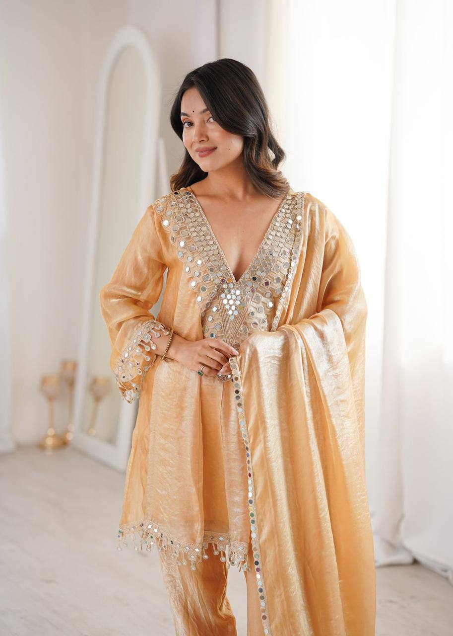 Premium Fendy Fabric Kurti, Pant & Dupatta – Real Mirror & Coding Embroidery Work