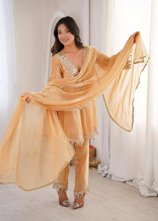Premium Fendy Fabric Kurti, Pant & Dupatta – Real Mirror & Coding Embroidery Work