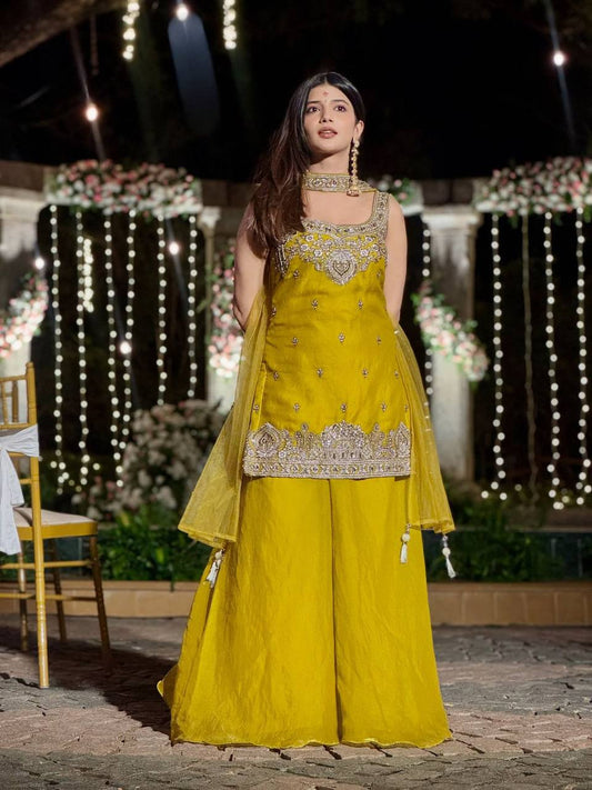 Premium Two‑Tone Fandy Silk Top, Sharara & Dupatta – Heavy Sequins Embroidery