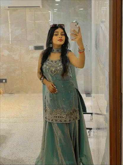 Premium Two‑Tone Fandy Silk Top, Sharara & Dupatta – Heavy Sequins Embroidery