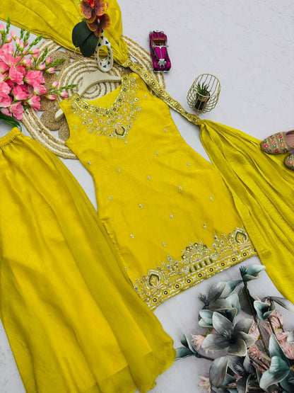 Premium Two‑Tone Fandy Silk Top, Sharara & Dupatta – Heavy Sequins Embroidery
