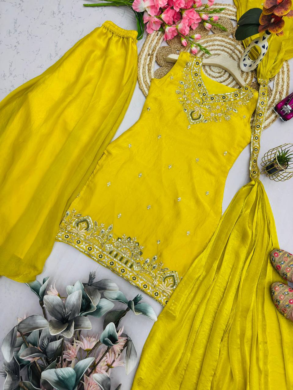 Premium Two‑Tone Fandy Silk Top, Sharara & Dupatta – Heavy Sequins Embroidery