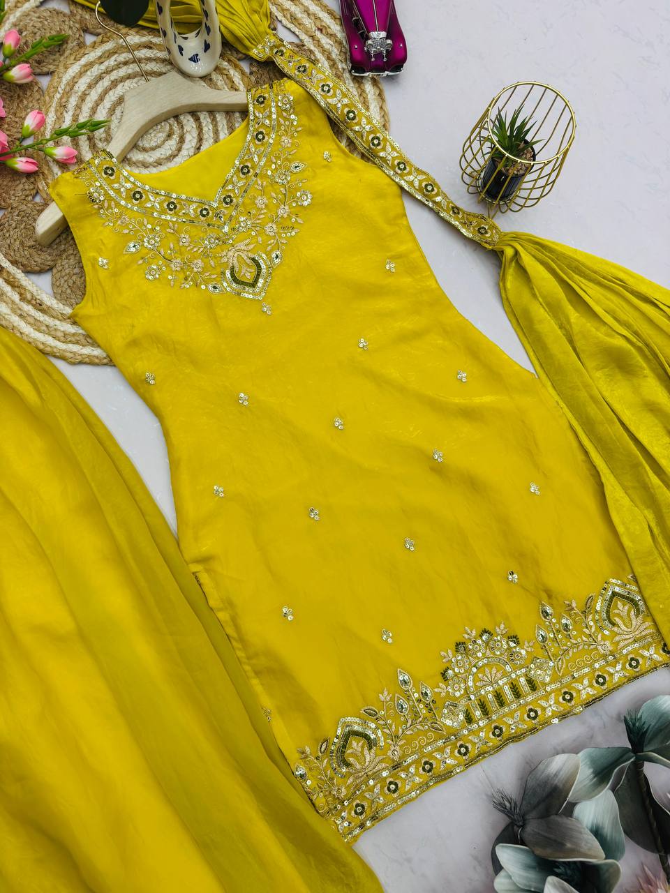 Premium Two‑Tone Fandy Silk Top, Sharara & Dupatta – Heavy Sequins Embroidery