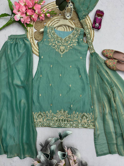 Premium Two‑Tone Fandy Silk Top, Sharara & Dupatta – Heavy Sequins Embroidery