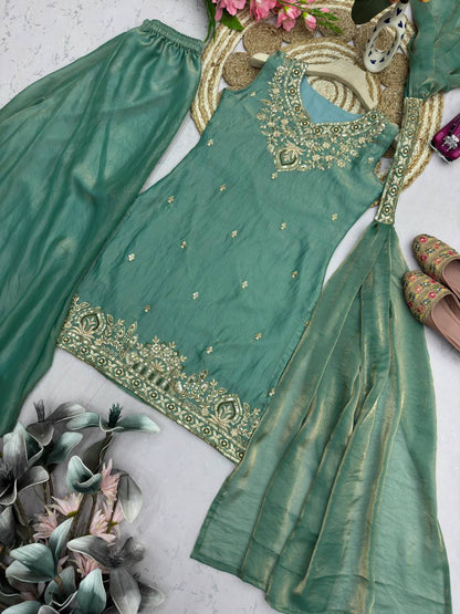 Premium Two‑Tone Fandy Silk Top, Sharara & Dupatta – Heavy Sequins Embroidery