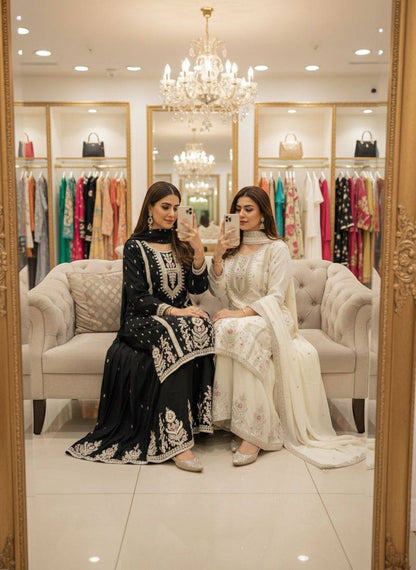 Premium Chinon Silk Top, Plazzo & Dupatta – Multi‑Thread, Sequins & Mirror Diamond Embroidery