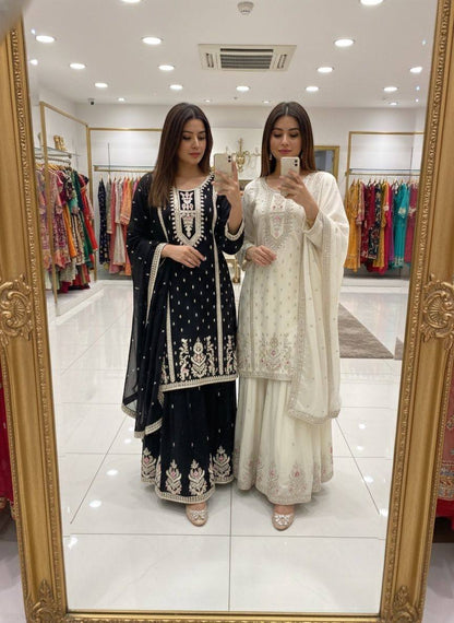 Premium Chinon Silk Top, Plazzo & Dupatta – Multi‑Thread, Sequins & Mirror Diamond Embroidery