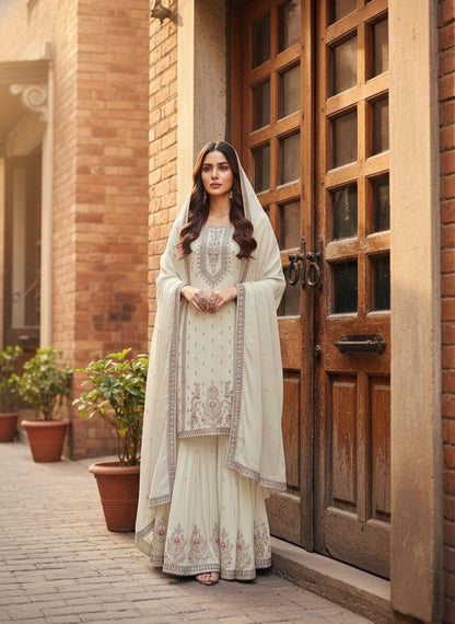 Premium Chinon Silk Top, Plazzo & Dupatta – Multi‑Thread, Sequins & Mirror Diamond Embroidery