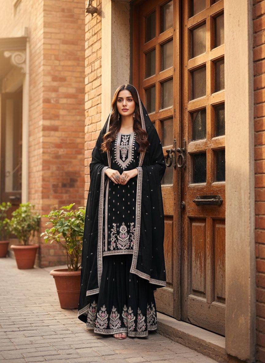 Premium Chinon Silk Top, Plazzo & Dupatta – Multi‑Thread, Sequins & Mirror Diamond Embroidery