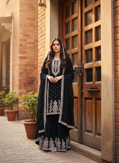 Premium Chinon Silk Top, Plazzo & Dupatta – Multi‑Thread, Sequins & Mirror Diamond Embroidery