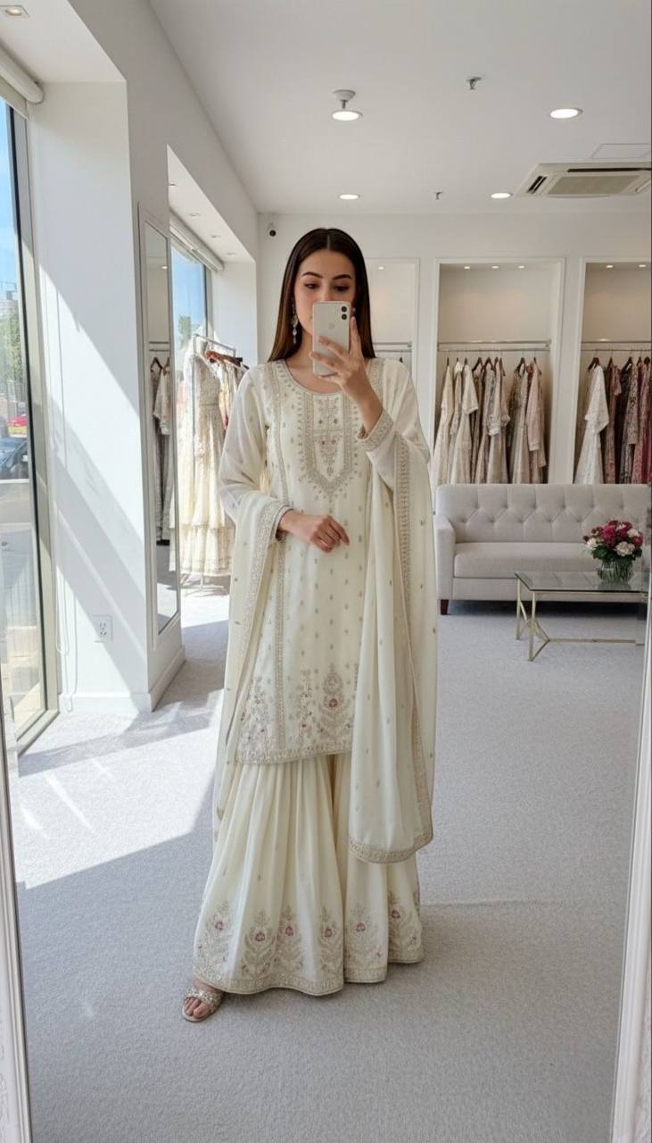 Premium Chinon Silk Top, Plazzo & Dupatta – Multi‑Thread, Sequins & Mirror Diamond Embroidery