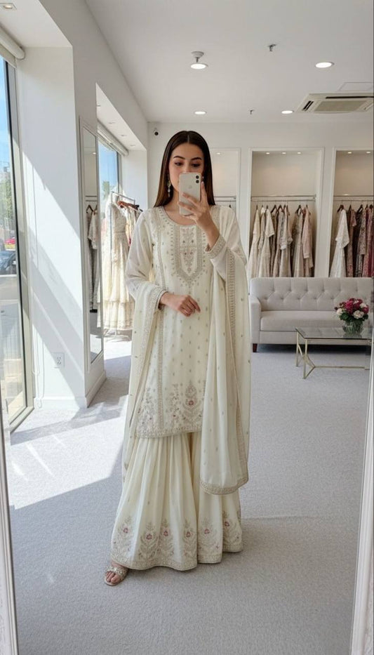 Premium Chinon Silk Top, Plazzo & Dupatta – Multi‑Thread, Sequins & Mirror Diamond Embroidery
