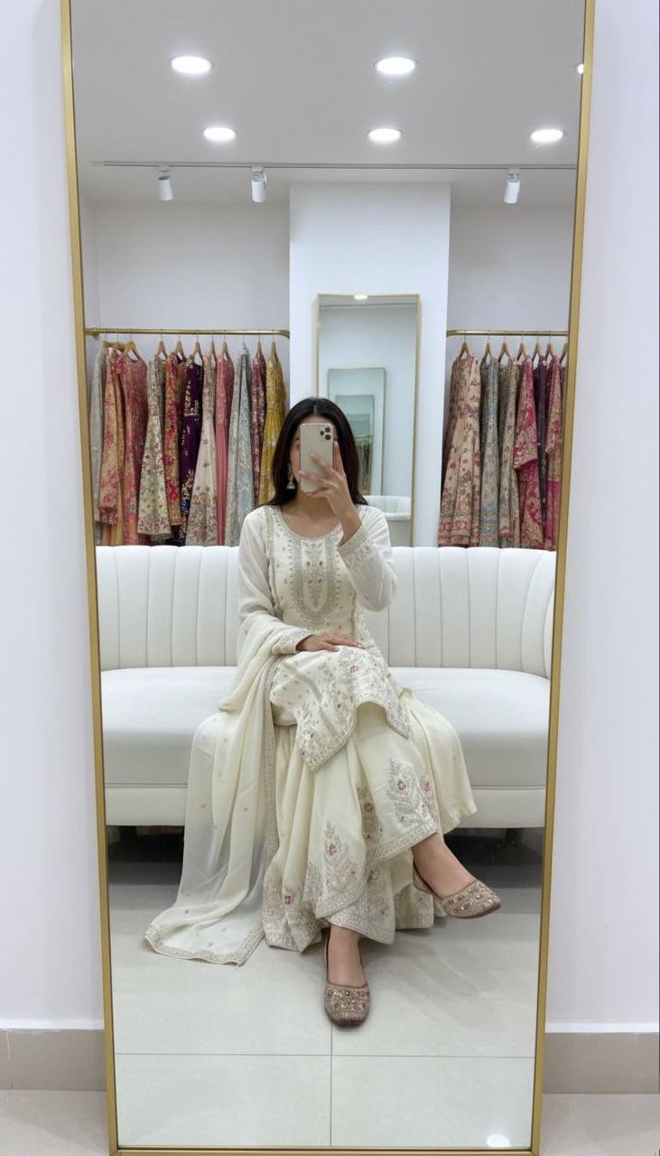 Premium Chinon Silk Top, Plazzo & Dupatta – Multi‑Thread, Sequins & Mirror Diamond Embroidery