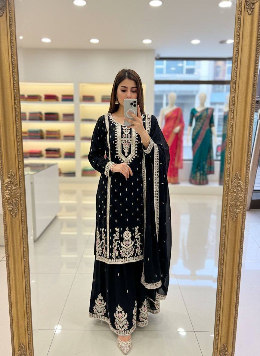 Premium Chinon Silk Top, Plazzo & Dupatta – Multi‑Thread, Sequins & Mirror Diamond Embroidery