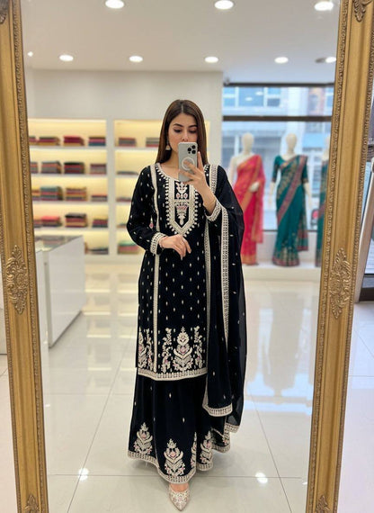 Premium Chinon Silk Top, Plazzo & Dupatta – Multi‑Thread, Sequins & Mirror Diamond Embroidery