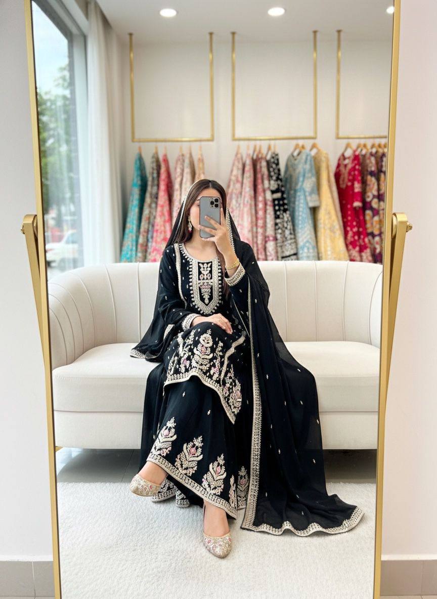 Premium Chinon Silk Top, Plazzo & Dupatta – Multi‑Thread, Sequins & Mirror Diamond Embroidery
