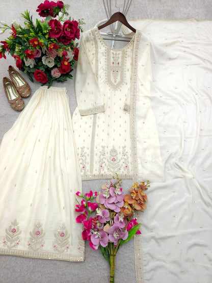 Premium Chinon Silk Top, Plazzo & Dupatta – Multi‑Thread, Sequins & Mirror Diamond Embroidery