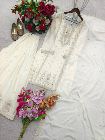 Premium Chinon Silk Top, Plazzo & Dupatta – Multi‑Thread, Sequins & Mirror Diamond Embroidery