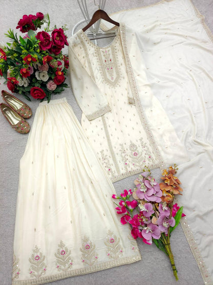 Premium Chinon Silk Top, Plazzo & Dupatta – Multi‑Thread, Sequins & Mirror Diamond Embroidery